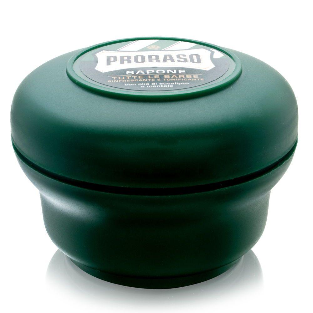 En grön Proraso-behållare med lock för att hålla Raktvål i skål - Eukalyptus och mentol.